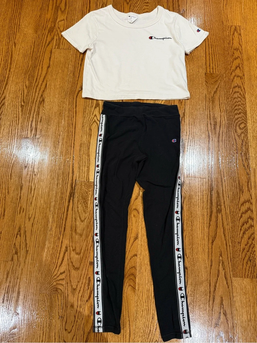 Champion Kids Black Logo Tape Leggings with Cream Crop Tee